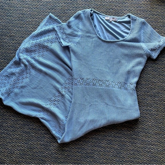 Absolutely Famous Light Blue Short Sleeve Knit Crochet Maxi Bodycon Dress - Picture 2 of 10